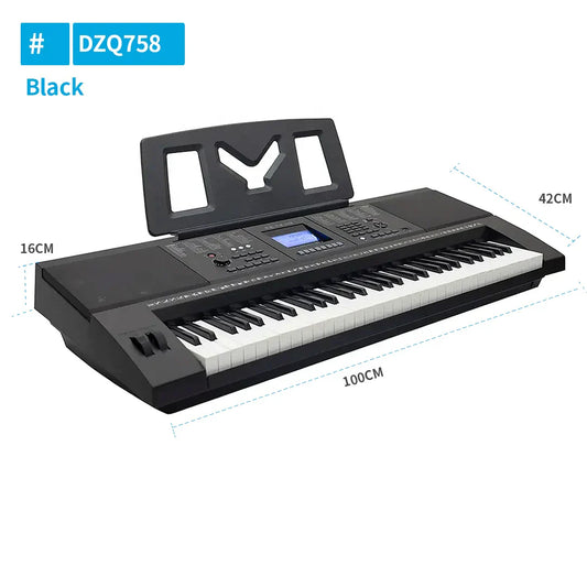 Black dzq758 electronic piano music synthesizer with 61 keys and built-in display for professional musical keyboard use