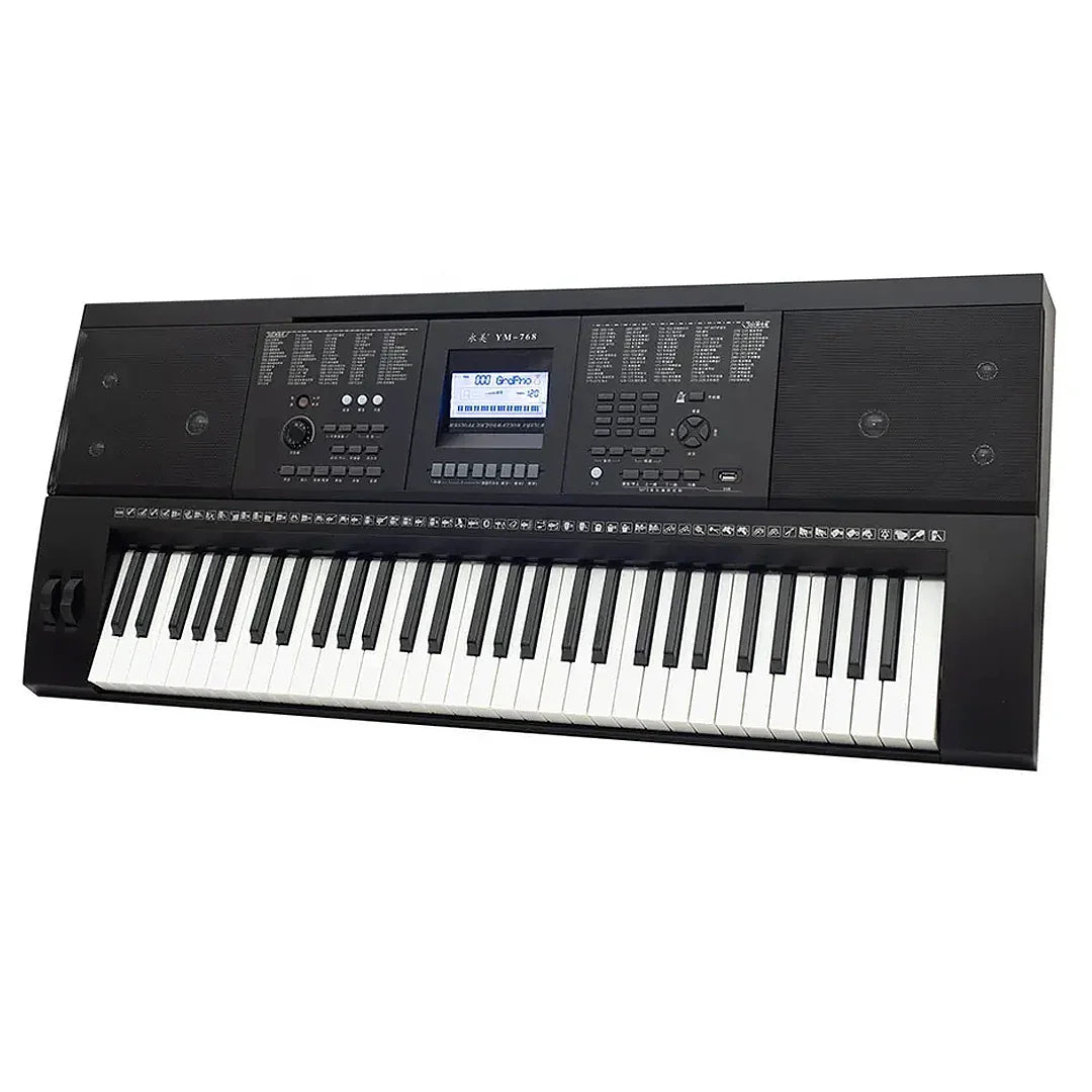 Black professional musical keyboard midi controller electronic with 61 white and black keys display screen and speaker grilles