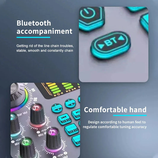 Teal and black bluetooth-enabled card dj mixer with colorful illuminated knobs for professional podcast live recording singing streaming