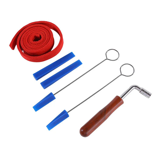 Professional portable lever piano tuning kit with red fabric strap, blue plastic caps, metal tools, and wooden wrench handle