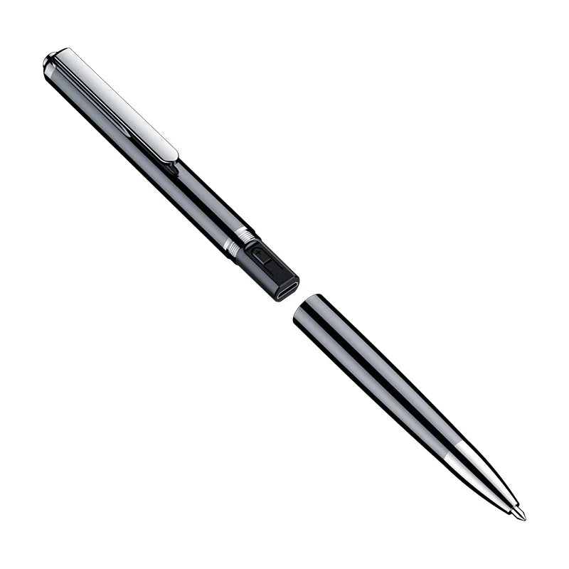 Black and silver professional recording pen with polished metal accents portable voice recorder and digital sound record device