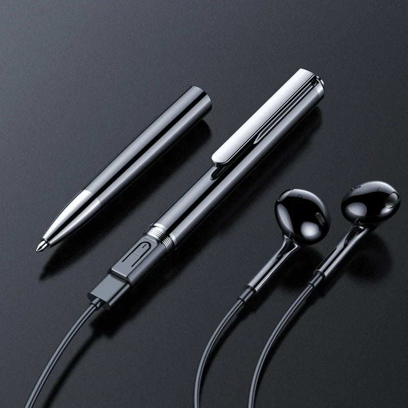 Black and silver metallic professional recording pen with integrated earphones and retractable tip for digital sound record