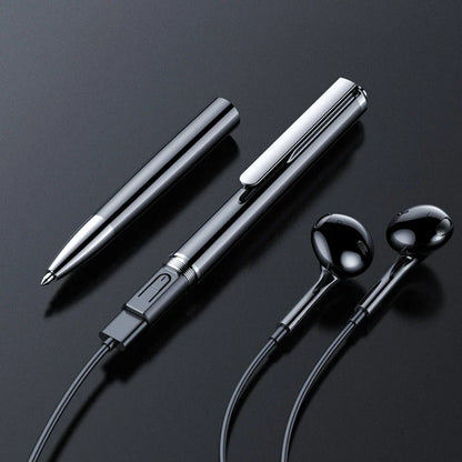 Black and silver metallic professional recording pen with integrated earphones and retractable tip for digital sound record
