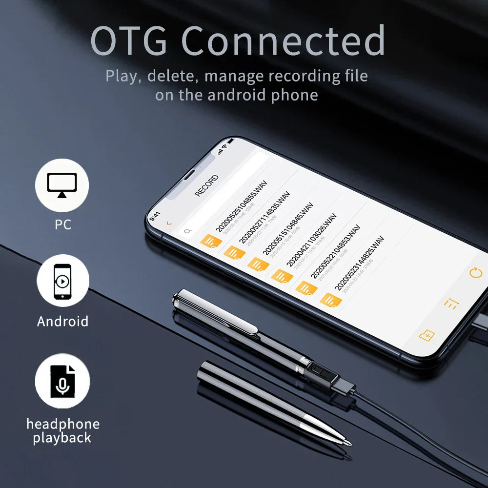 A sleek black and silver otg cable with usb-a connector for professional recording pen portable voice recorder and digital sound record devices