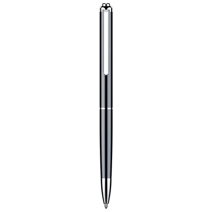 A sleek black and silver professional recording pen with polished metallic finish and transparent clip for portable voice recorder use