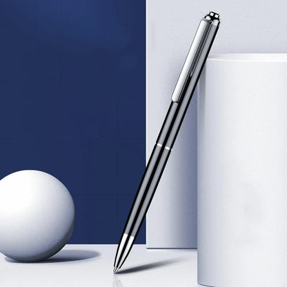 A sleek metallic silver professional recording pen with polished chrome finish portable voice recorder digital sound record device