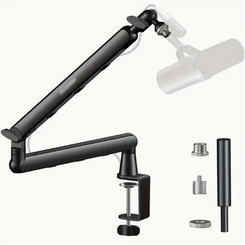 Black adjustable metal microphone arm with clamp base and cable management for shure sm7b sm7db mv7 microphones