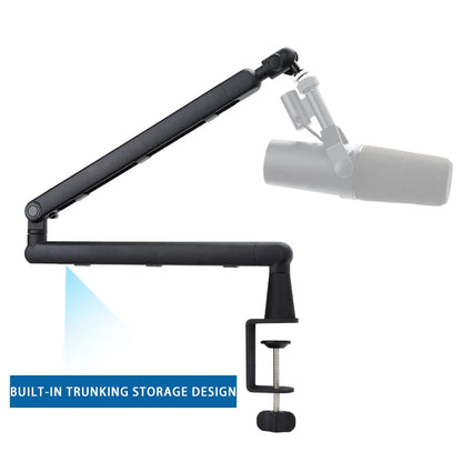 Black adjustable metal microphone arm with clamp base and cable management for shure sm7b sm7db mv7 use