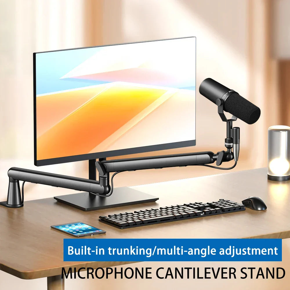 Black metal microphone arm stand with articulated arm and adjustable clamp for shure sm7b sm7db with cable management