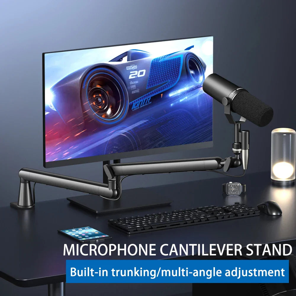 Black metal microphone cantilever stand with adjustable arm and cable management for shure sm7b sm7db mv7