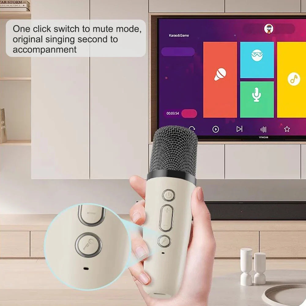 A sleek off-white ktv karaoke microphone with black mesh grille and control buttons featuring microphone bluetooth audio