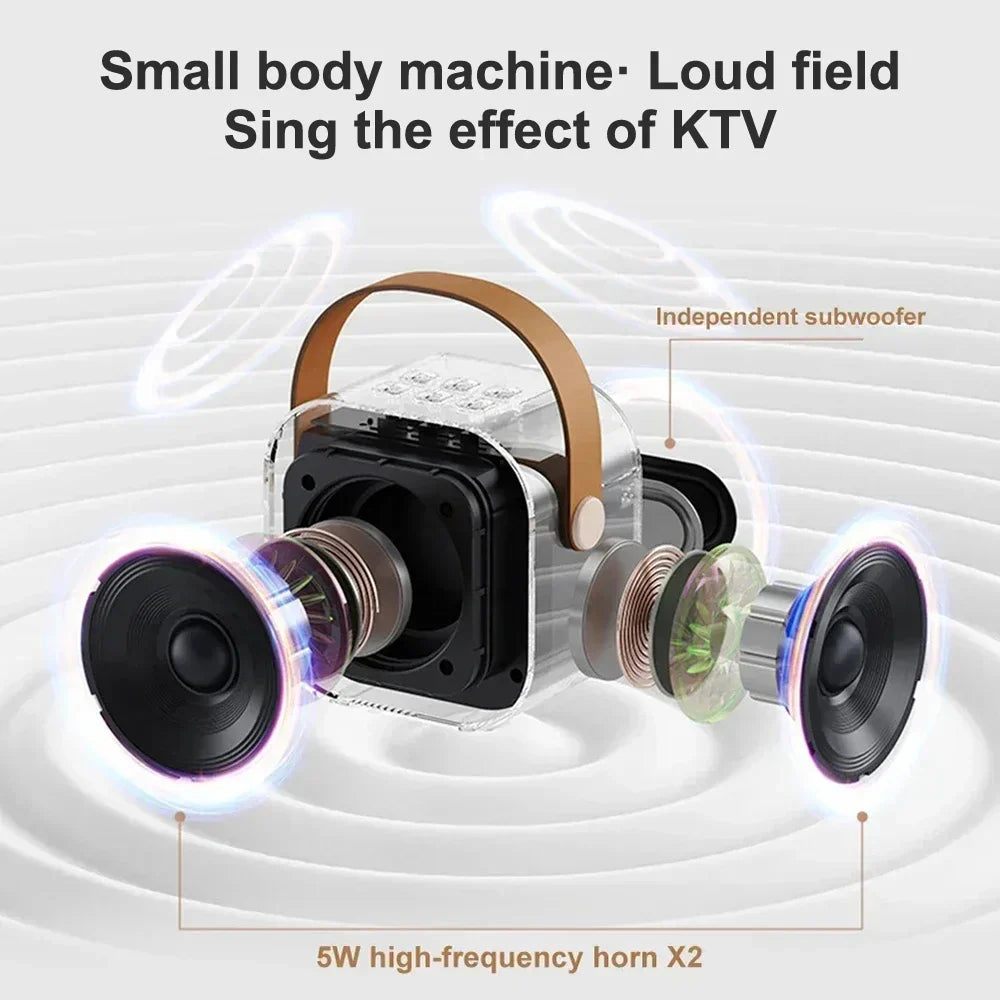 Transparent plastic professional singing bluetooth speaker columnspeaker with brown leather strap and visible internal subwoofer for ktv karaoke microphone use