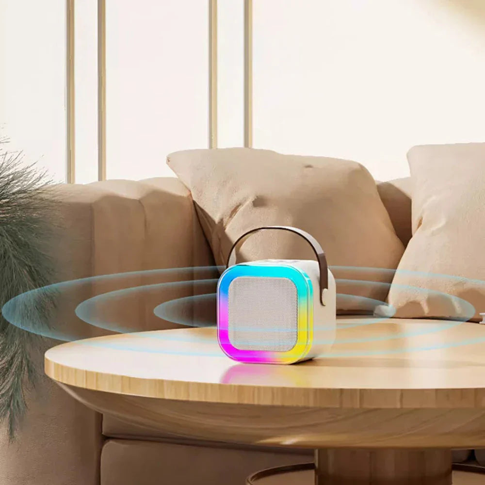 White cube-shaped portable peaker columnspeaker with colorful led ring and black handle for ktv karaoke microphone use