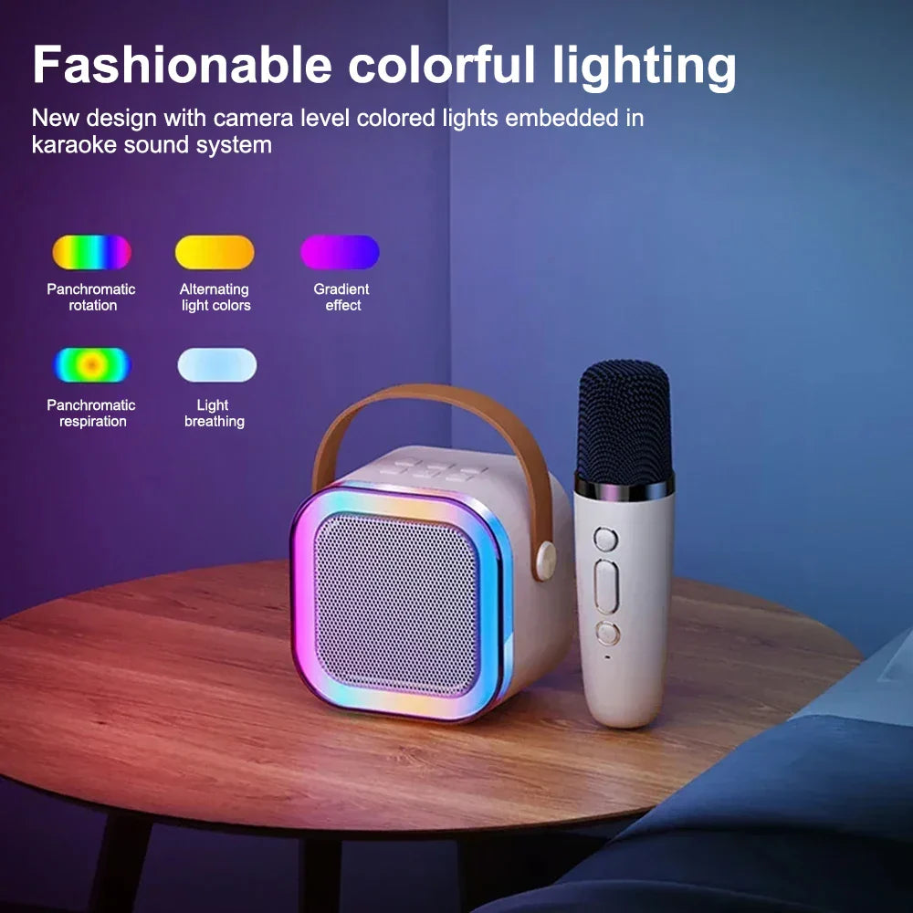 White cube-shaped professional singing ktv karaoke microphone with brown leather handle and colorful led microphone bluetooth audio peaker columnspeaker