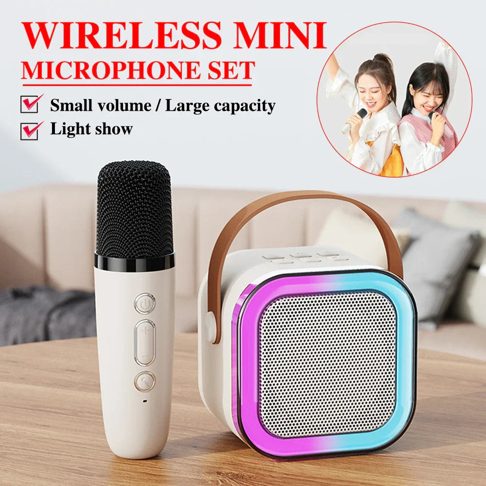 White wireless ktv karaoke microphone with black mesh grille and rainbow led speaker bluetooth audio columnspeaker
