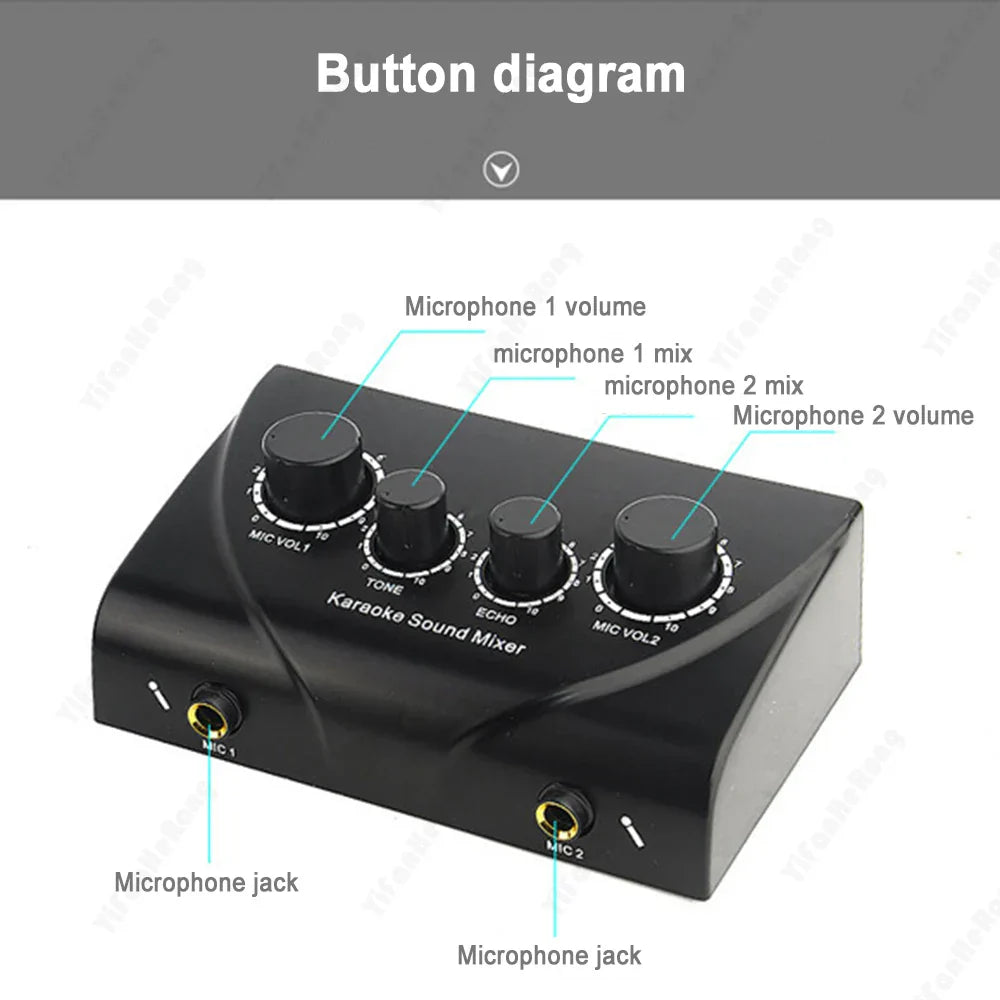 Black plastic professional sound mixer with four rotary knobs for volume tone and echo control in small exquisite karaoke setup
