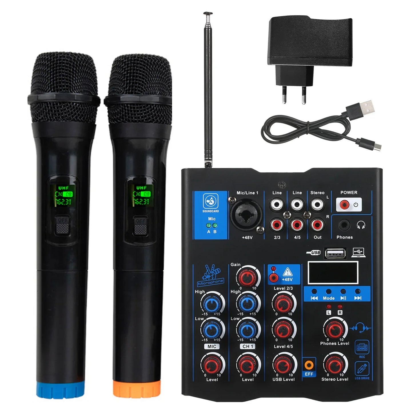 Black professional sound mixer with blue knobs paired with dual wireless microphones for karaoke pc guitar use
