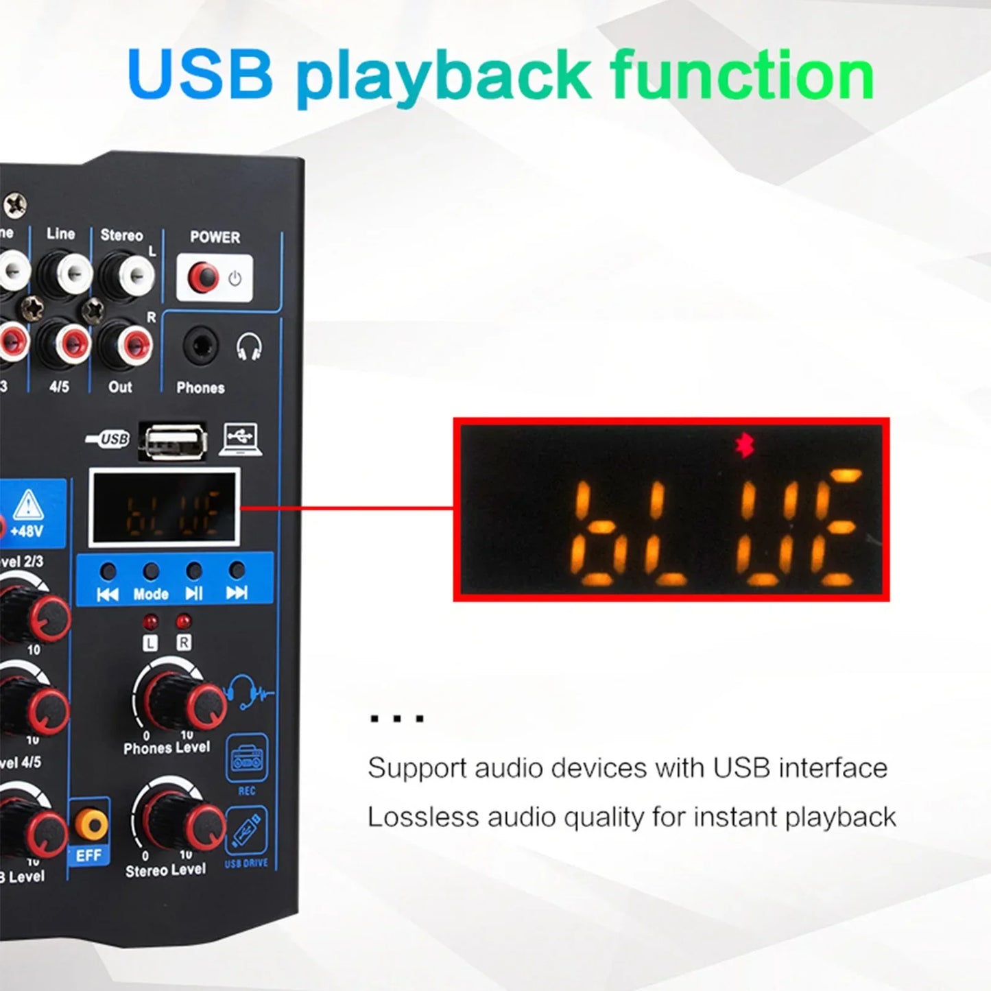 Black professional sound mixer with blue accents digital display and usb ports for karaoke pc guitar and dj use