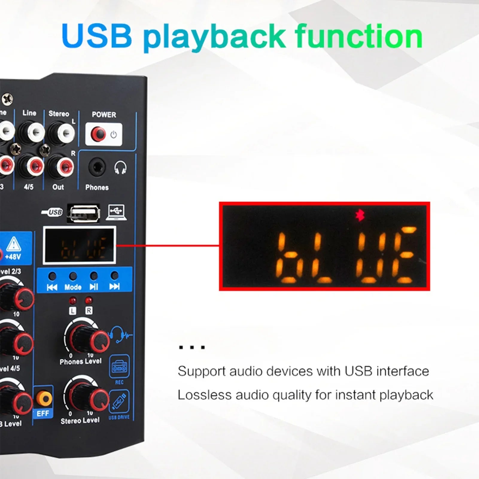 Black professional sound mixer with blue accents digital display and usb ports for karaoke pc guitar and dj use