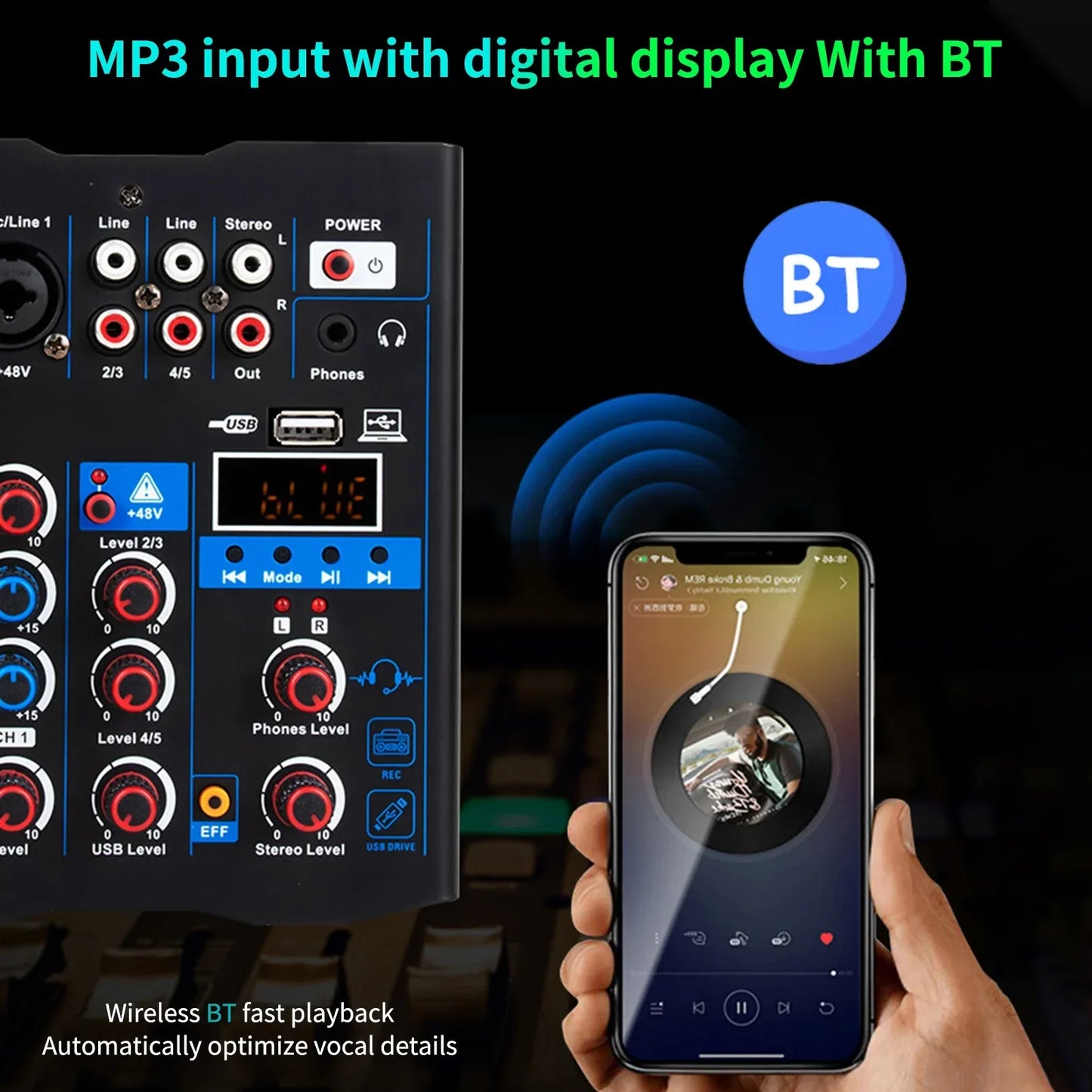 Black professional sound mixer with digital display bluetooth connectivity multiple jacks and control knobs for karaoke pc guitar