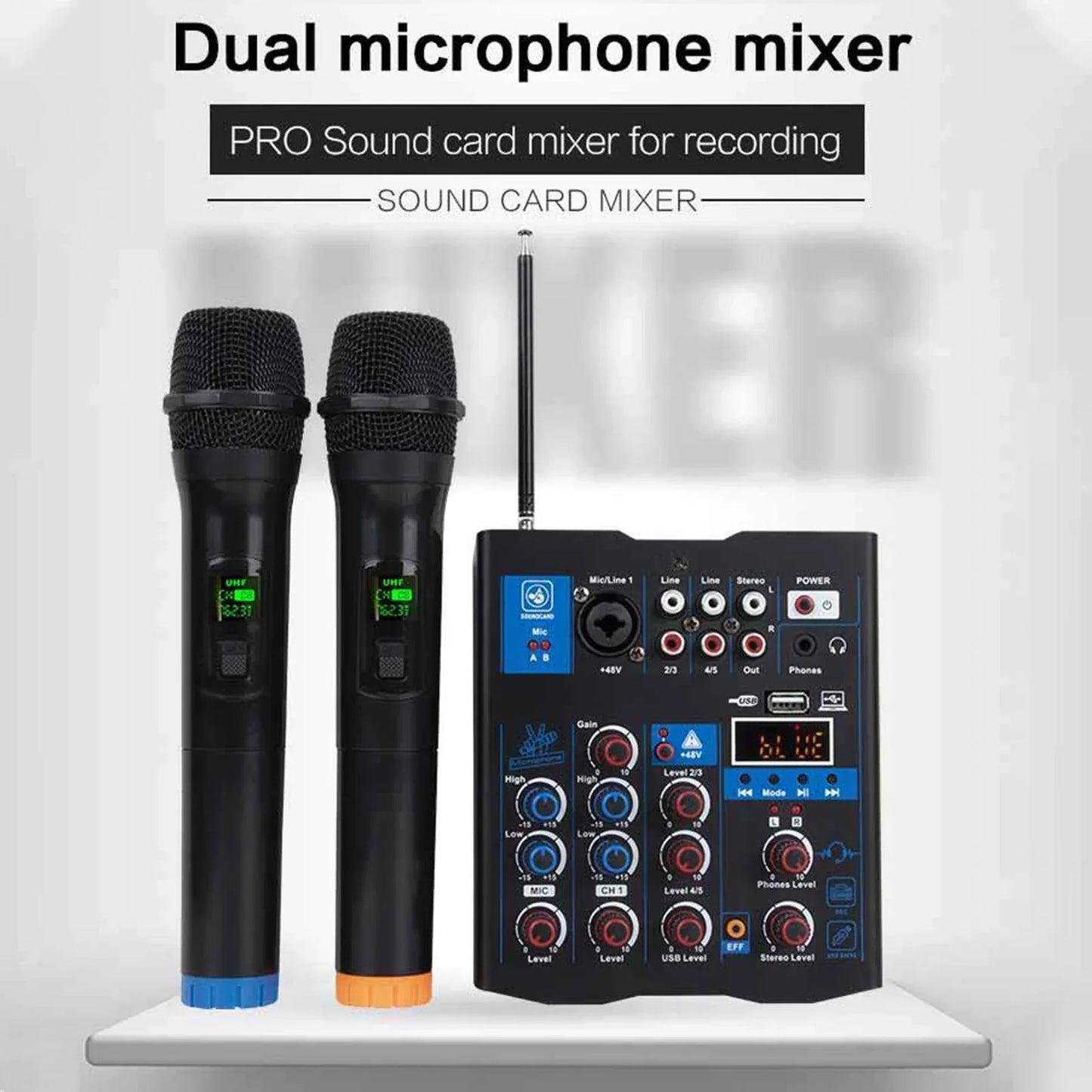 Black professional sound mixer with dual wireless microphones, blue and orange accents, digital display, and multiple control knobs for karaoke pc guitar
