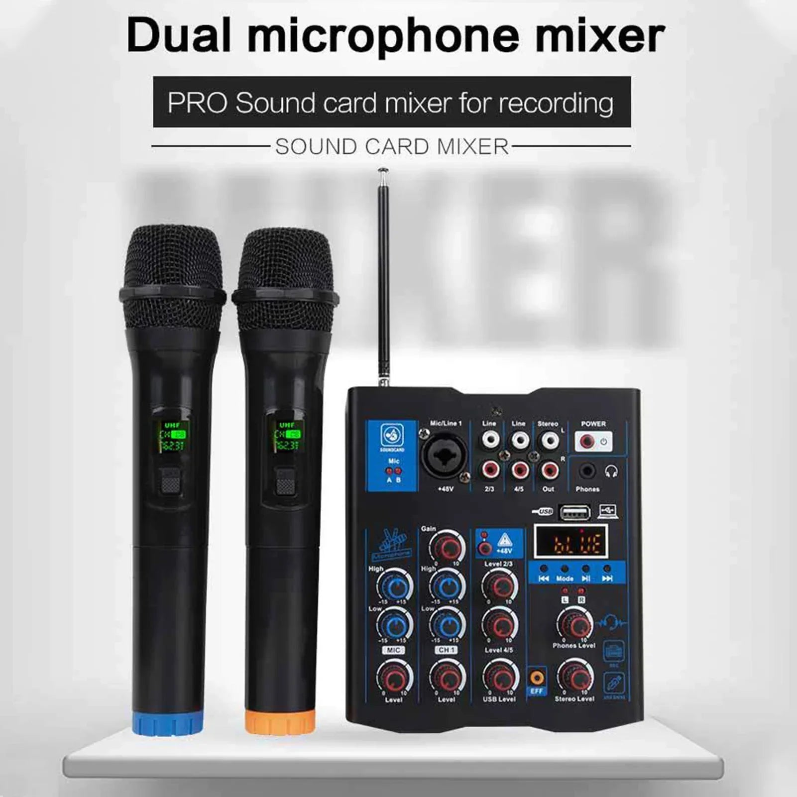 Black professional sound mixer with dual wireless microphones, blue and orange accents, digital display, and multiple control knobs for karaoke pc guitar
