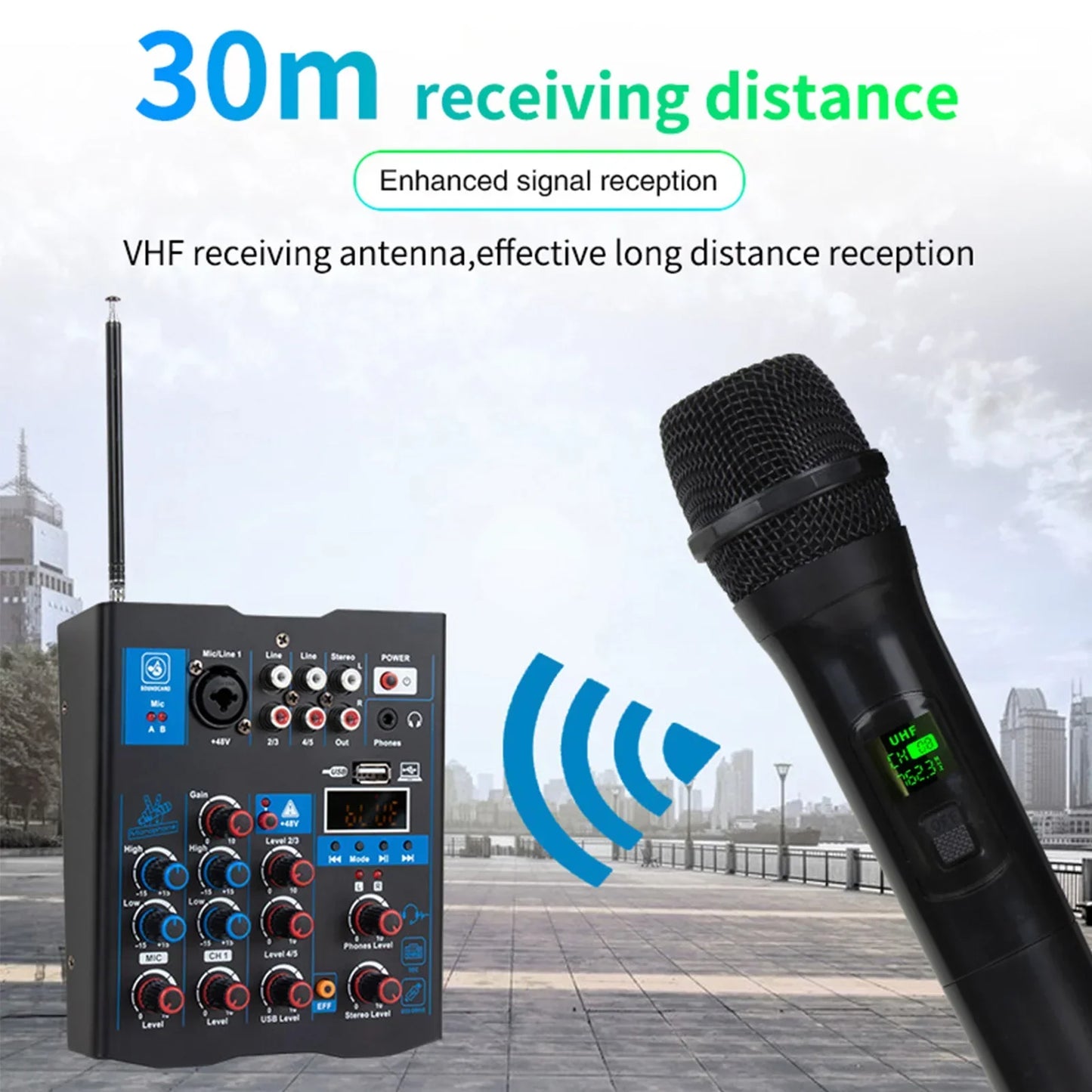 Black wireless microphone with mesh grille and digital display paired with vhf receiver for professional sound mixer karaoke pc guitar