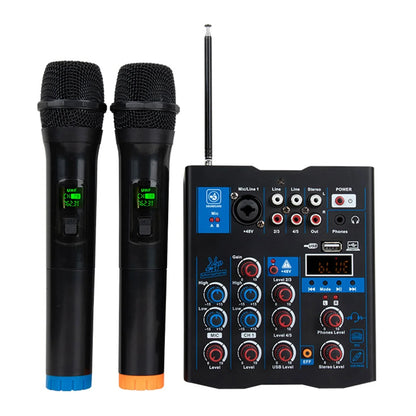Black professional sound mixer with dual wireless microphone system sound board console for karaoke pc guitar use