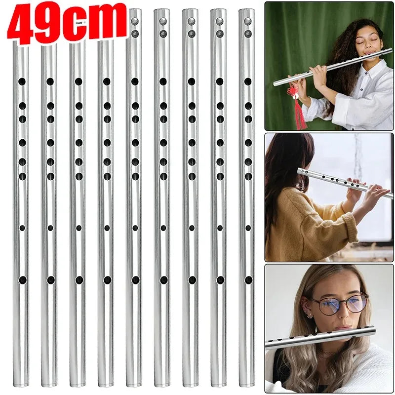 Silver-colored stainless steel flute 49cm long with black finger holes durable mildew resistant easy for music learners beginners