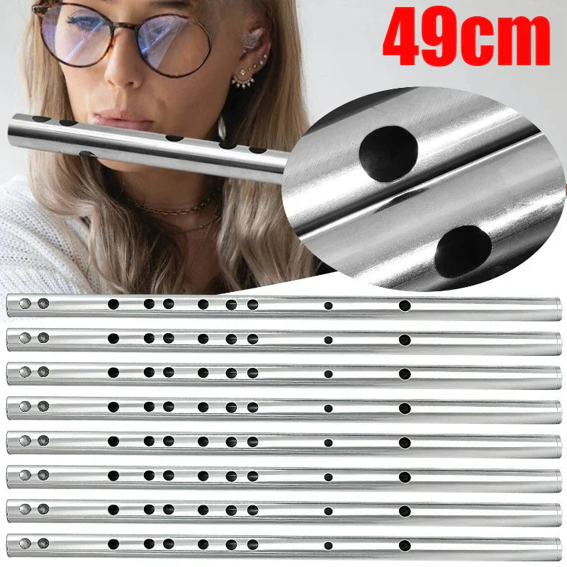 Silver-colored stainless steel flute with black finger holes for music learners beginners, durable mildew resistant easy play