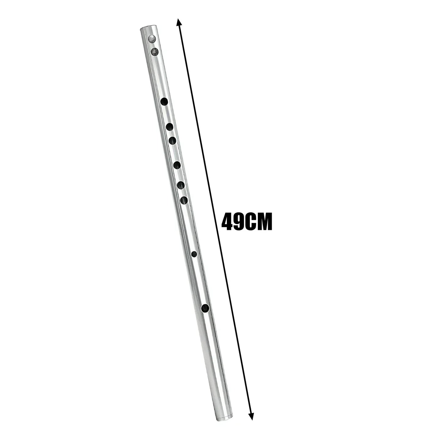 A sleek 49cm silver stainless steel flute with seven black finger holes for music learners beginners, mildew resistant easy to play