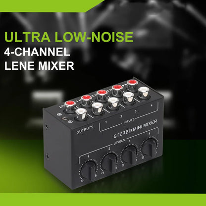 Black professional stereo 4 channel passive mixer with red silver rca jacks and black knobs for low noise recording without external power supply
