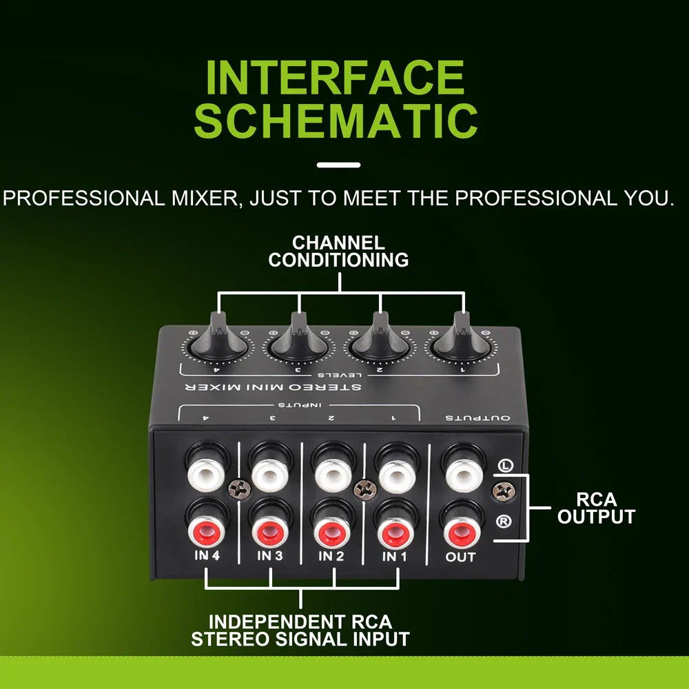 Professional stereo black channel passive mixer with four rotary knobs and rca jacks for recording low noise use