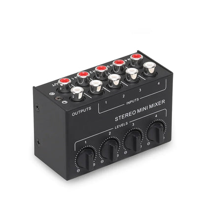 Black professional stereo 4 channel passive mixer with red silver rca jacks and rotary knobs for recording low noise