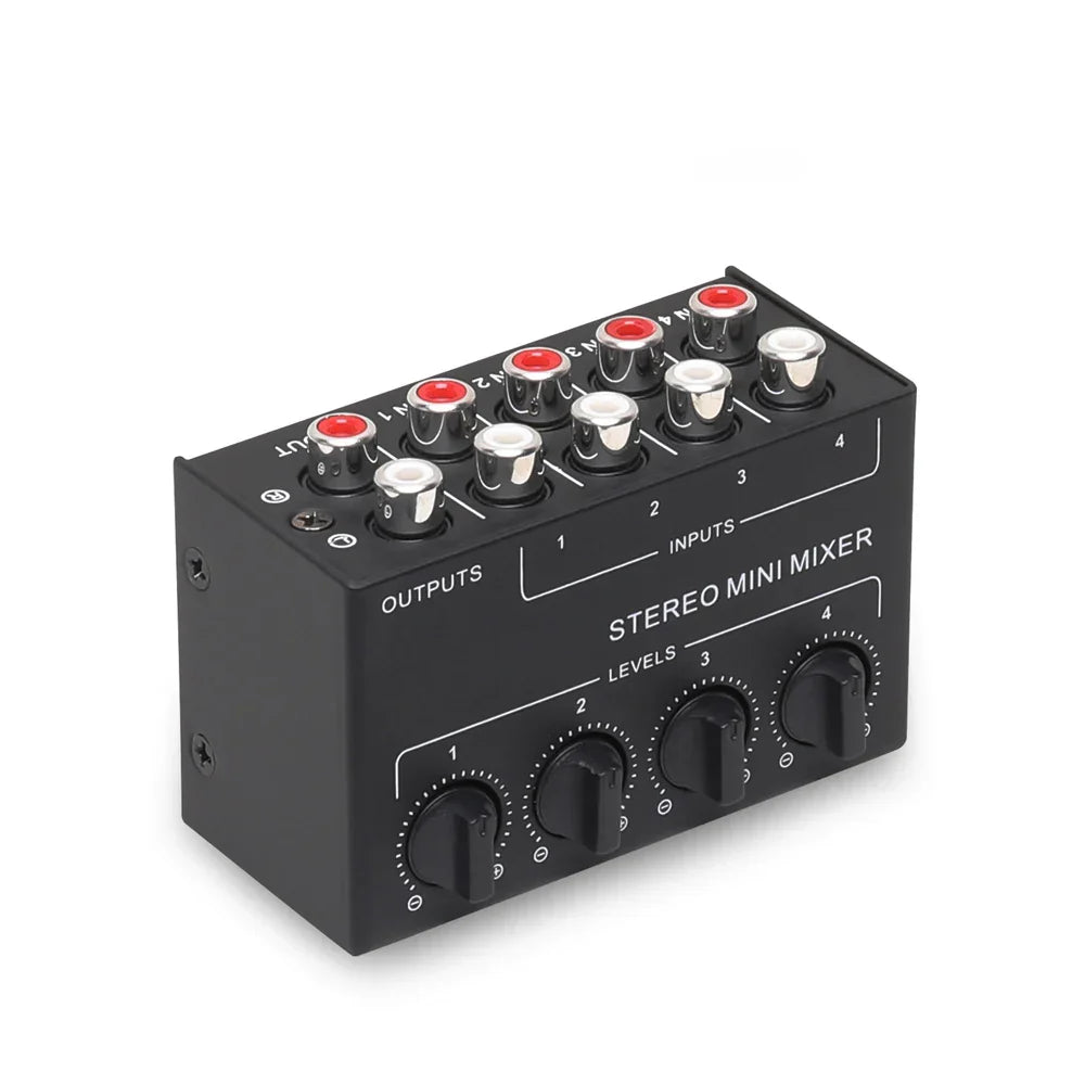 Black professional stereo 4 channel passive mixer with red silver rca jacks and rotary knobs for recording low noise without external power supply
