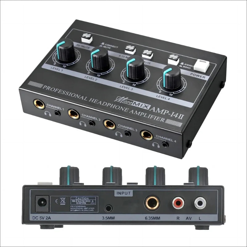 Black micro mix amp-i4ii professional stereo headphone amplifier with four teal-accented knobs and gold-plated jacks for karaoke recording studio