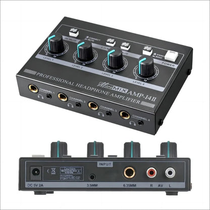 Black micro mix amp-i4ii professional stereo headphone amplifier with four teal-accented knobs and gold-plated jacks for karaoke recording studio