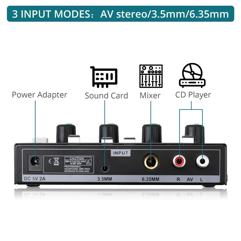 Black professional stereo headphone amplifier with 3 input modes and independent volume control for karaoke recording studio