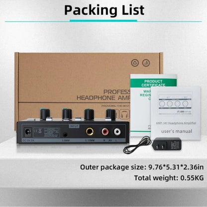 Black rectangular professional stereo headphone amplifier with four knobs and audio jacks for karaoke recording studio use