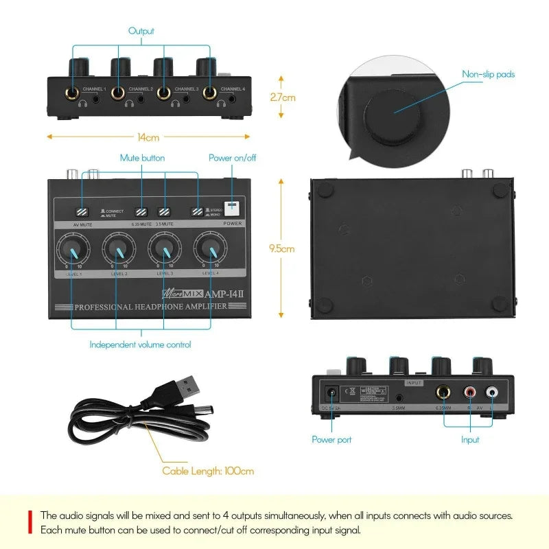 Black rectangular professional stereo headphone amplifier with four channels, independent volume, and usb cable for karaoke studio