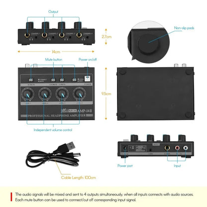 Black rectangular professional stereo headphone amplifier with four channels, independent volume, and usb cable for karaoke studio