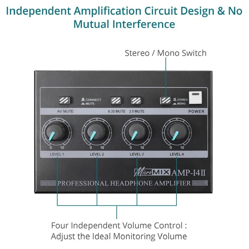 Black rectangular micromix amp-i4ii professional stereo headphone amplifier with four volume controls for karaoke recording studio