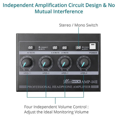 Black rectangular micromix amp-i4ii professional stereo headphone amplifier with four volume controls for karaoke recording studio