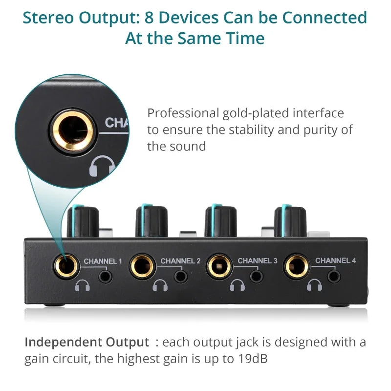 Black professional stereo headphone amplifier with gold-plated output jacks and four independent volume controls for karaoke recording studio