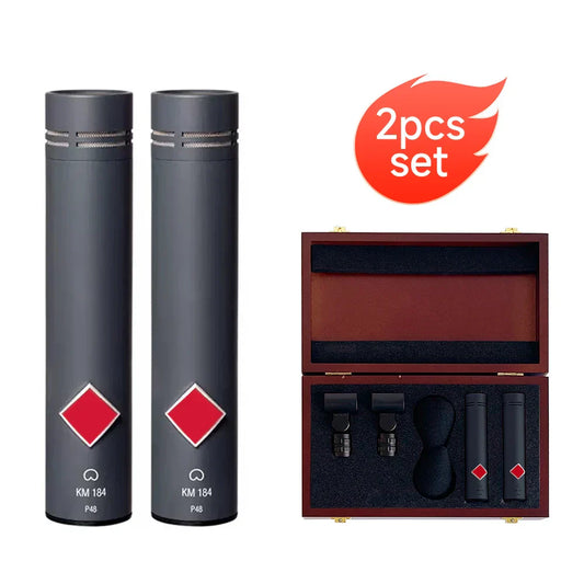 Two sleek black km 184 p4b professional studio condenser microphones with red logos in a polished wooden case for quality vocal acoustic instrument recording