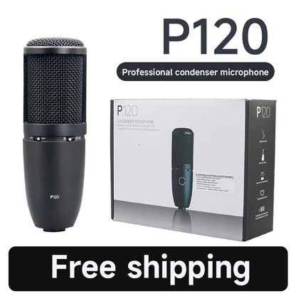 Black p120 professional studio condenser microphone with mesh grille and cylindrical body for vocal recording streaming and home podcast production