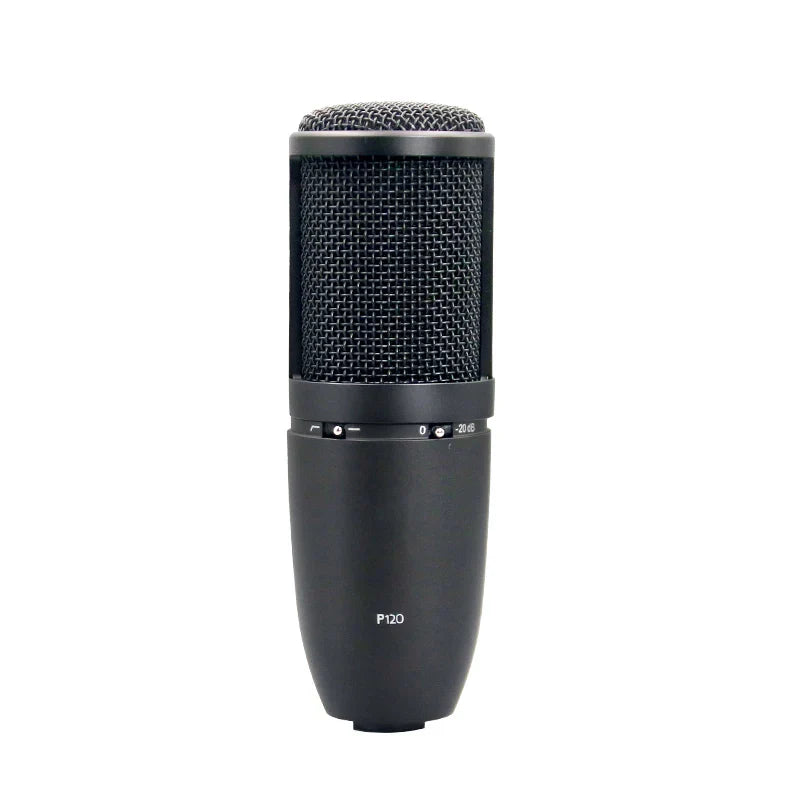 Black p120 professional studio condenser microphone with mesh grille and silver trim for vocal recording streaming and podcast production