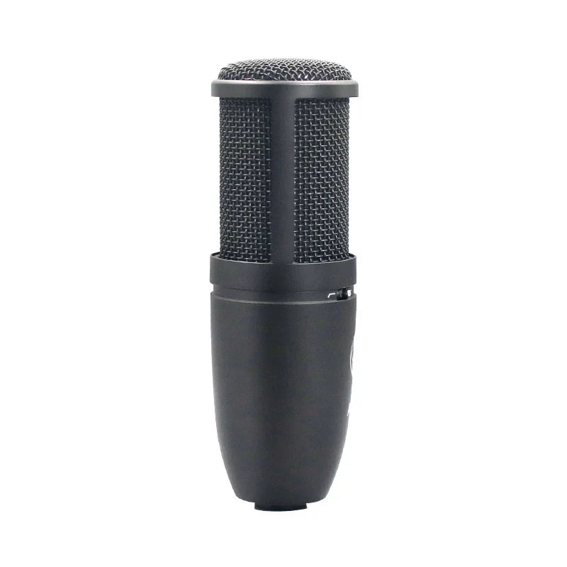 Black professional studio condenser microphone with mesh grille and metallic top cap for vocal recording streaming and home podcast production