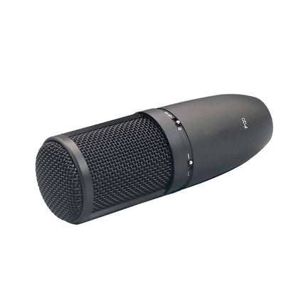 Black professional studio condenser microphone with mesh grille and control knobs for vocal recording streaming and home podcast production