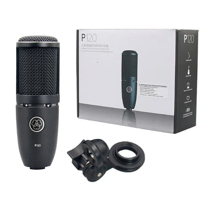 Black professional studio condenser microphone p120 with mesh grille and silver logo for vocal recording streaming and home podcast production